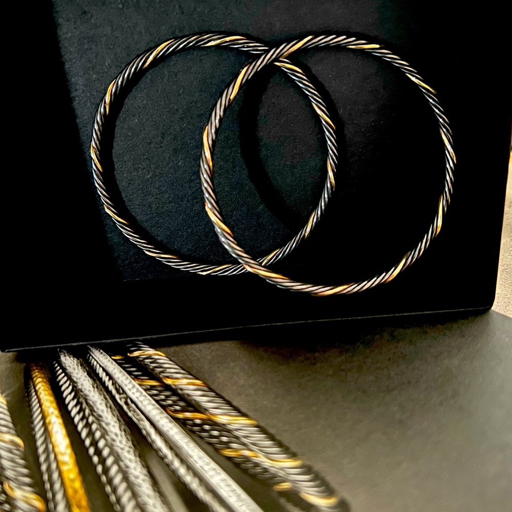 David Yurman 4MM Bangles in darkened sterling silver & 18K yellow gold. Set of 2